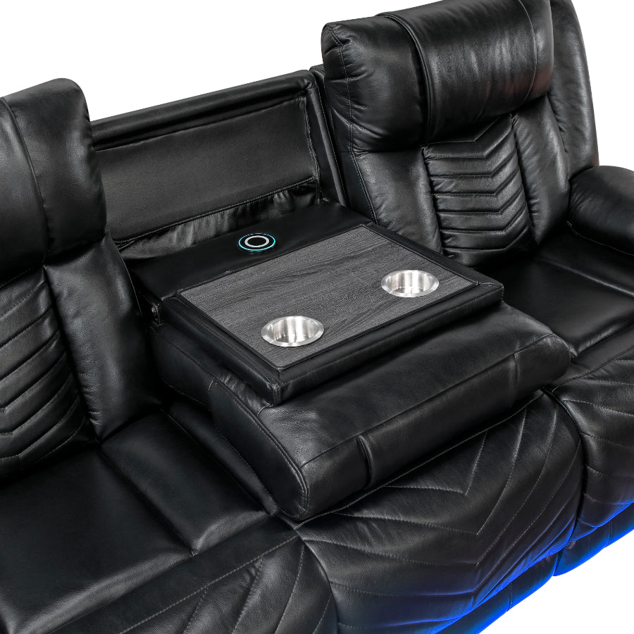 8457BLK-2PW 2 pc Huron black premium faux leather power motion sofa and love seat set LED lighting USB and drop down tray table
