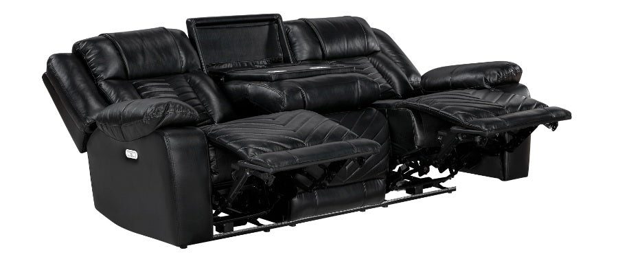 8457BLK-2PW 2 pc Huron black premium faux leather power motion sofa and love seat set LED lighting USB and drop down tray table
