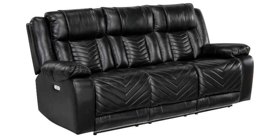 8457BLK-2PW 2 pc Huron black premium faux leather power motion sofa and love seat set LED lighting USB and drop down tray table