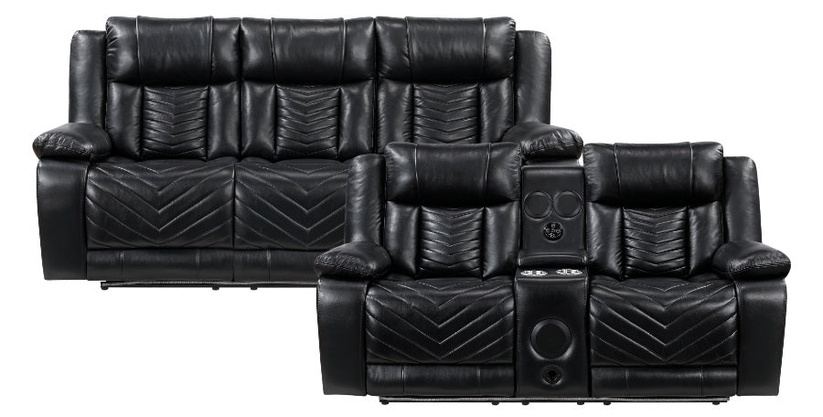 8457BLK-2PW 2 pc Huron black premium faux leather power motion sofa and love seat set LED lighting USB and drop down tray table