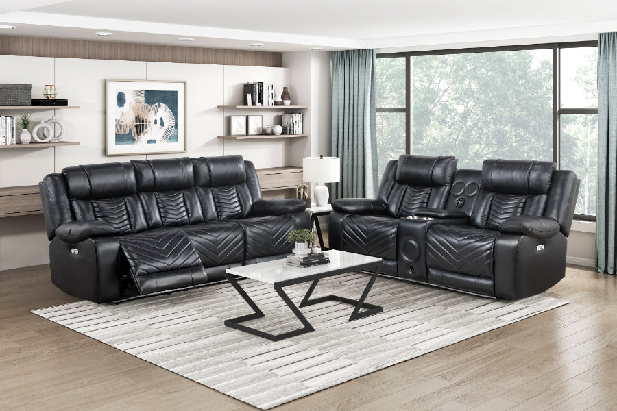 8457BLK-2PW 2 pc Huron black premium faux leather power motion sofa and love seat set LED lighting USB and drop down tray table