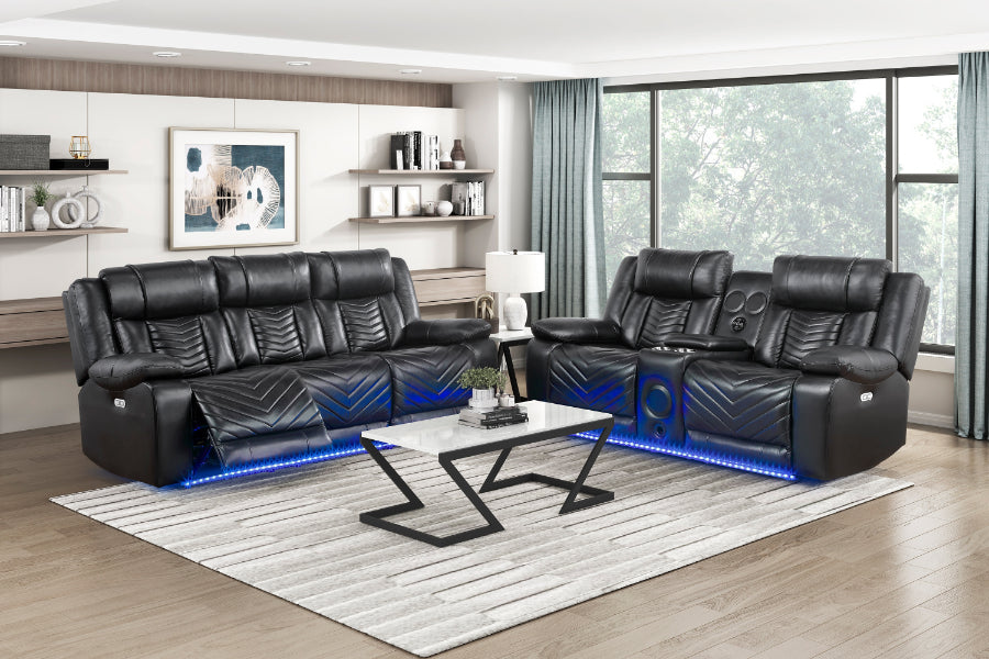 8457BLK-2PW 2 pc Huron black premium faux leather power motion sofa and love seat set LED lighting USB and drop down tray table