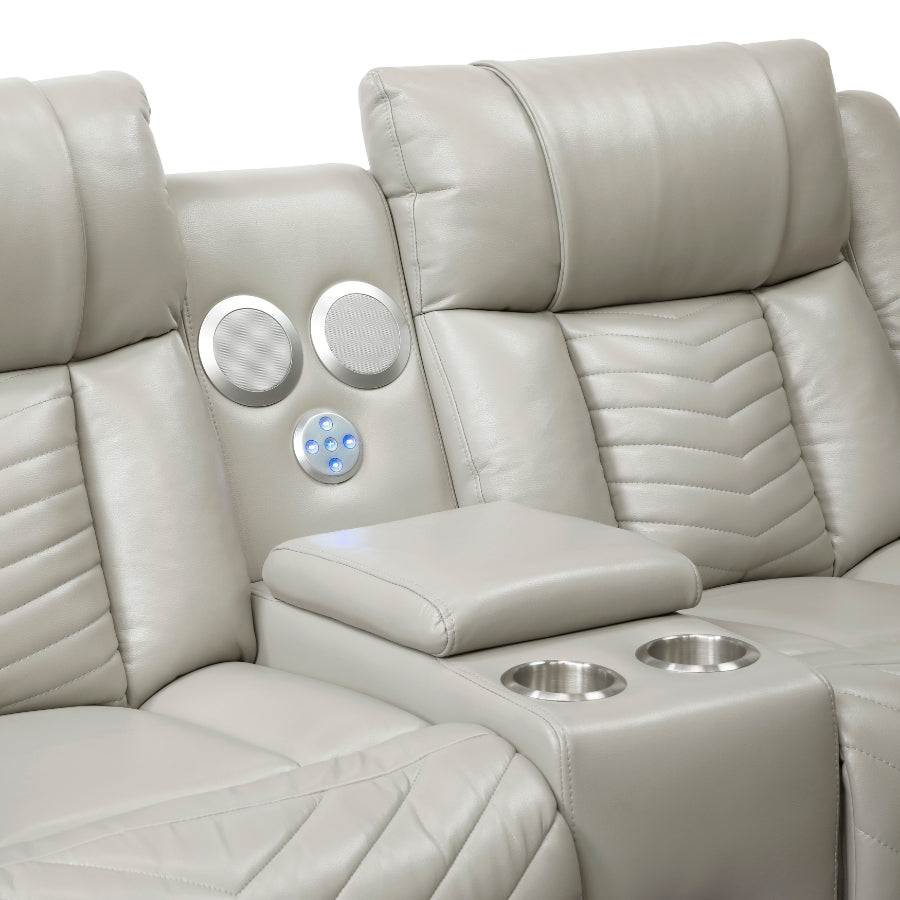 8457GRY-2PW 2 pc Huron grey premium faux leather power motion sofa and love seat set LED lighting USB and drop down tray table