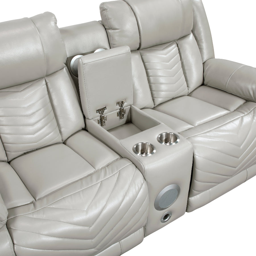 8457GRY-2PW 2 pc Huron grey premium faux leather power motion sofa and love seat set LED lighting USB and drop down tray table