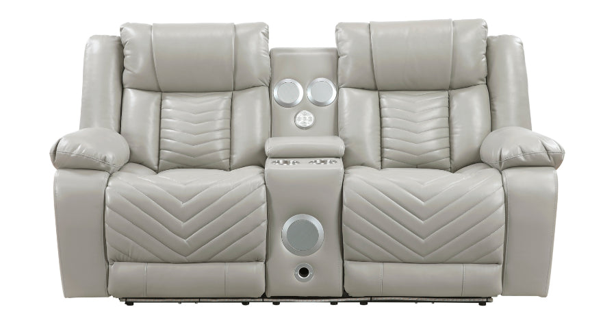 8457GRY-2PW 2 pc Huron grey premium faux leather power motion sofa and love seat set LED lighting USB and drop down tray table