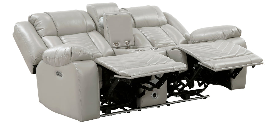 8457GRY-2PW 2 pc Huron grey premium faux leather power motion sofa and love seat set LED lighting USB and drop down tray table