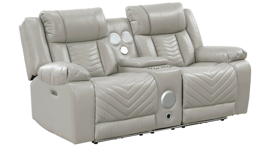 8457GRY-2PW 2 pc Huron grey premium faux leather power motion sofa and love seat set LED lighting USB and drop down tray table