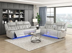 8457GRY-2PW 2 pc Huron grey premium faux leather power motion sofa and love seat set LED lighting USB and drop down tray table