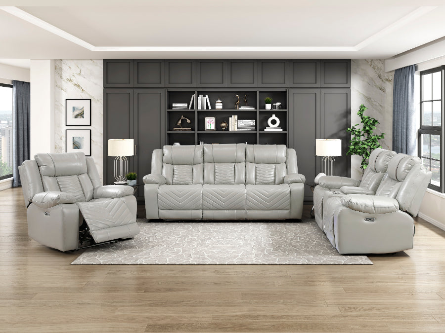 8457GRY-2PW 2 pc Huron grey premium faux leather power motion sofa and love seat set LED lighting USB and drop down tray table