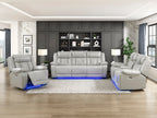 8457GRY-2PW 2 pc Huron grey premium faux leather power motion sofa and love seat set LED lighting USB and drop down tray table