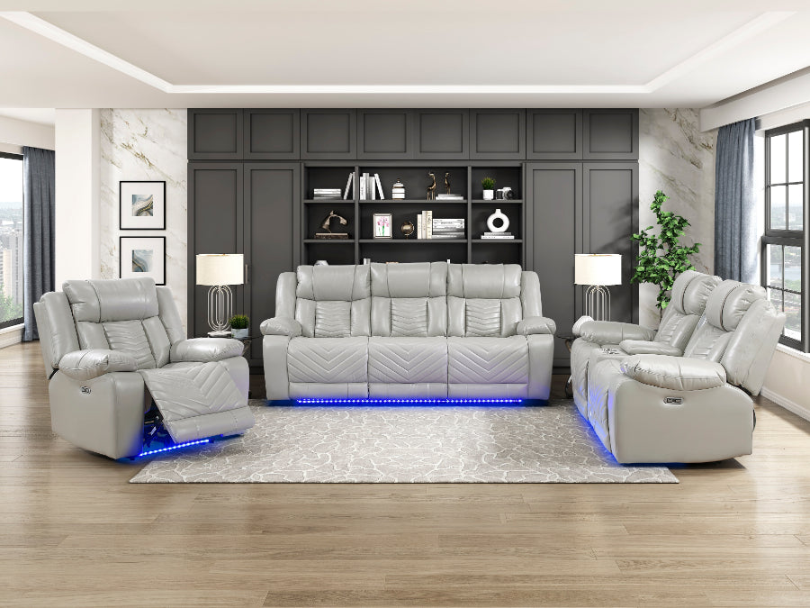 8457GRY-2PW 2 pc Huron grey premium faux leather power motion sofa and love seat set LED lighting USB and drop down tray table