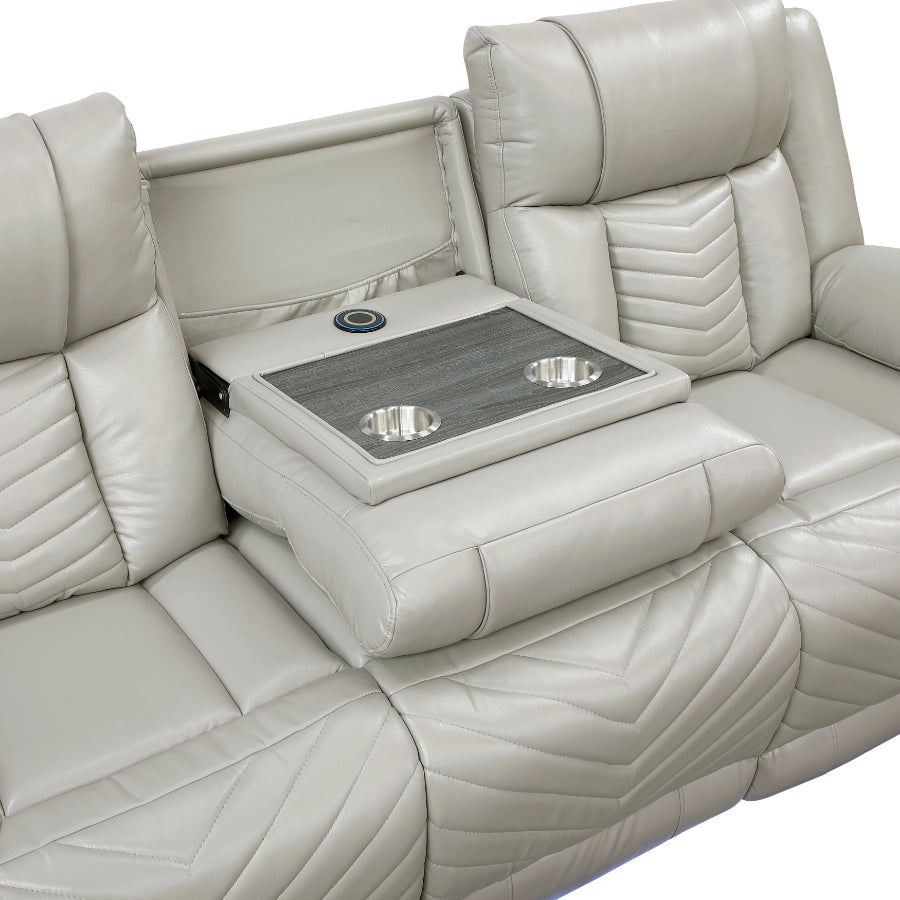 8457GRY-2PW 2 pc Huron grey premium faux leather power motion sofa and love seat set LED lighting USB and drop down tray table