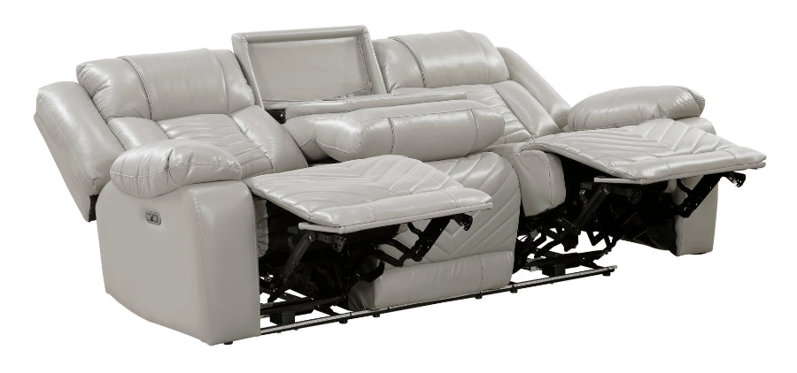 8457GRY-2PW 2 pc Huron grey premium faux leather power motion sofa and love seat set LED lighting USB and drop down tray table