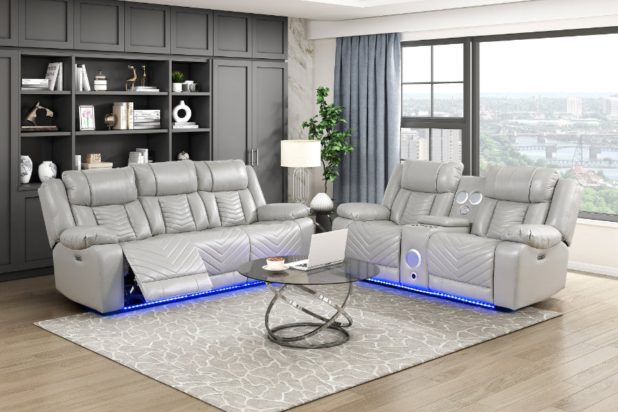 8457GRY-2PW 2 pc Huron grey premium faux leather power motion sofa and love seat set LED lighting USB and drop down tray table