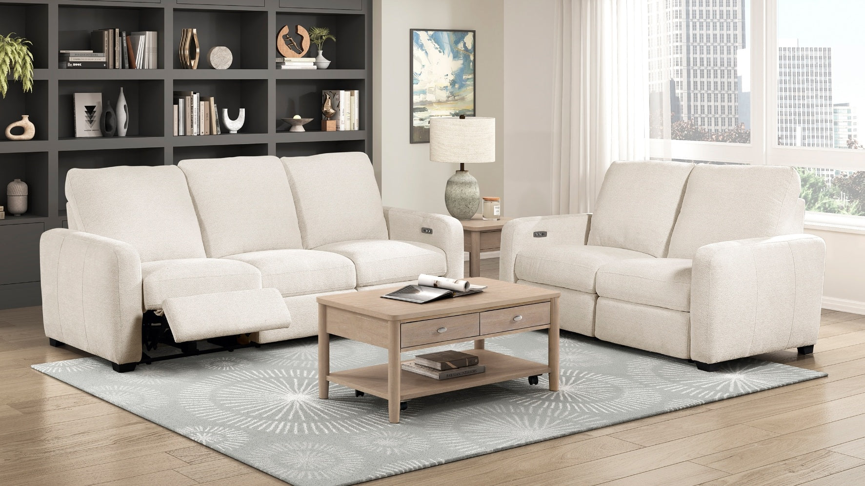 Homelegance 8479BEG-2PC 2 pc Vera beige chenille fabric sofa and love seat set with power motion recliners