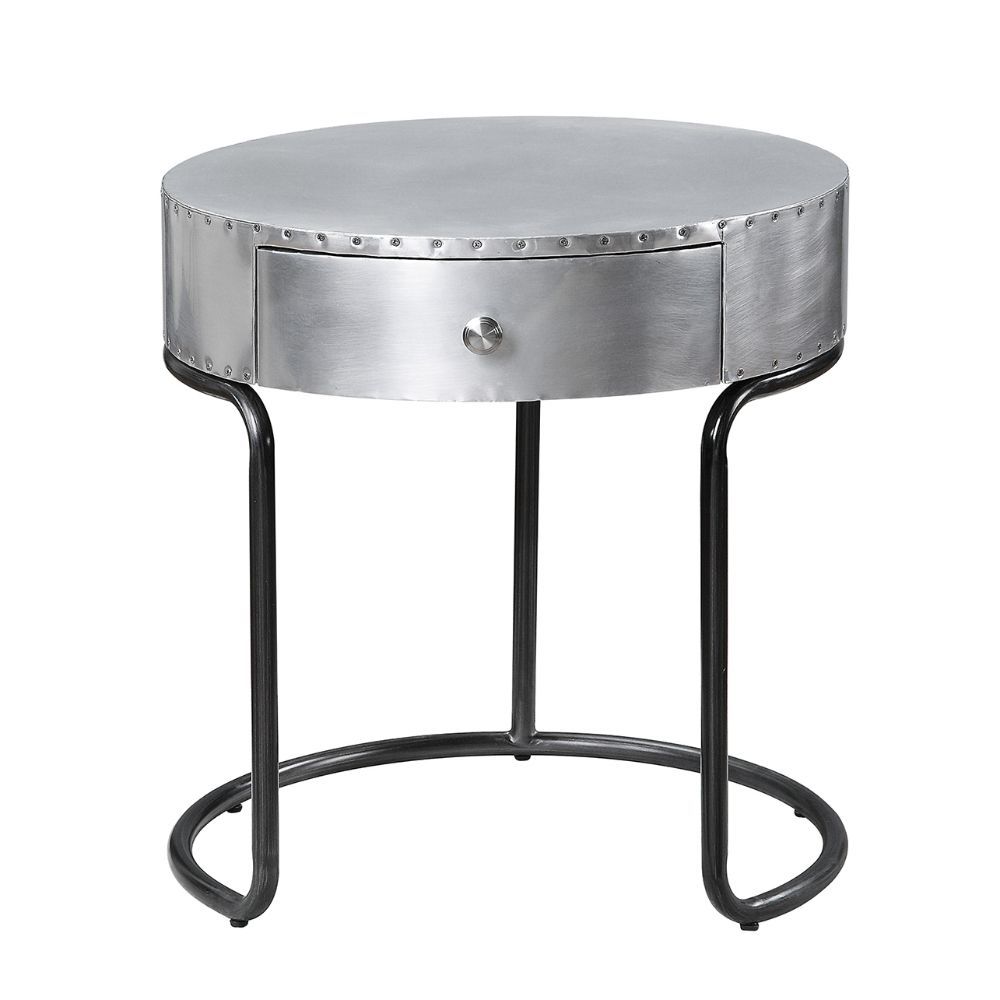 Acme 84882 Brancaster aluminum aircraft inspired 20" round end table with drawer
