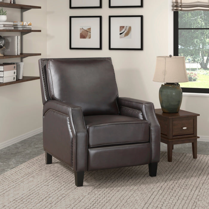 Homelegance 8504DBR-1 Berenson dark brown faux leather push back recliner chair nail head trim accents