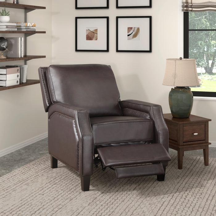 Homelegance 8504DBR-1 Berenson dark brown faux leather push back recliner chair nail head trim accents