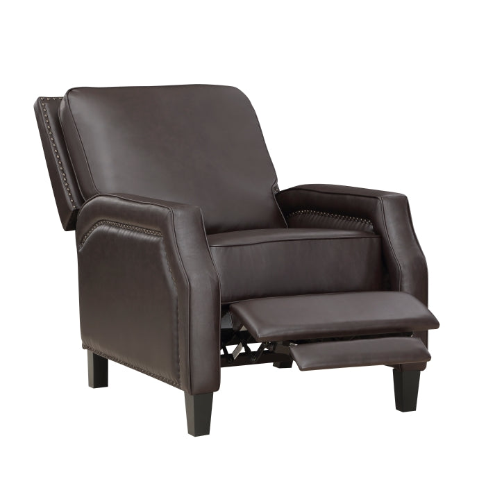 Homelegance 8504DBR-1 Berenson dark brown faux leather push back recliner chair nail head trim accents