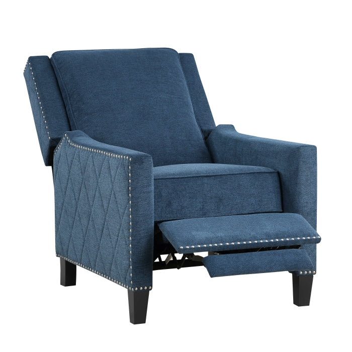 Homelegance 8505BU-1 Banks blue textured fabric diamond pattern push back recliner chair nail head trim accents
