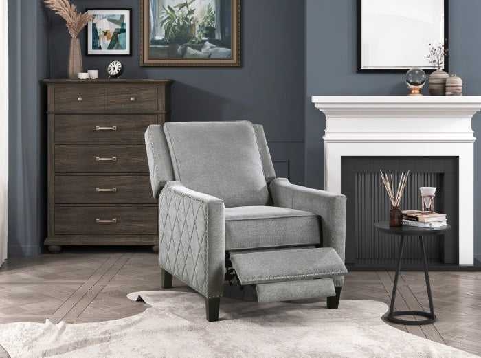 Homelegance 8505GY-1 Banks grey textured fabric diamond pattern push back recliner chair nail head trim accents