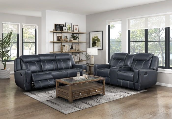 Homelegance 8516BU-2PC 2 pc Littleton blue faux leather sofa and love seat with recliner ends cup console drop down table and USB