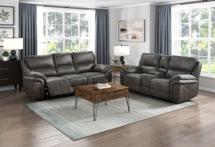 Homelegance 8517GRY-2PC 2 pc Proctor grey polished microfiber sofa and love seat with recliner ends cup console