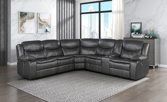 Homelegance  8528DG-SCPW 6 pc Fargo dark grey faux leather sectional sofa with power recliner ends and cup console with USB charging