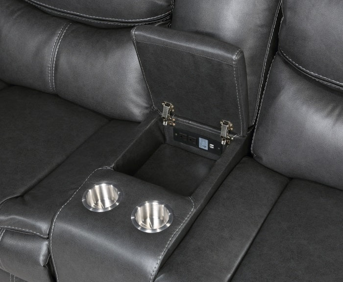 Homelegance  8528DG-SCPW 6 pc Fargo dark grey faux leather sectional sofa with power recliner ends and cup console with USB charging