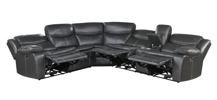 Homelegance  8528DG-SCPW 6 pc Fargo dark grey faux leather sectional sofa with power recliner ends and cup console with USB charging