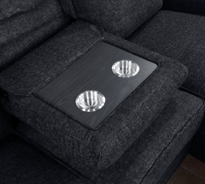 Homelegance  8530EB-SC 2 pc Monterey ebony chenille fabric sectional sofa recliner and reclining chaise and drop down table tray