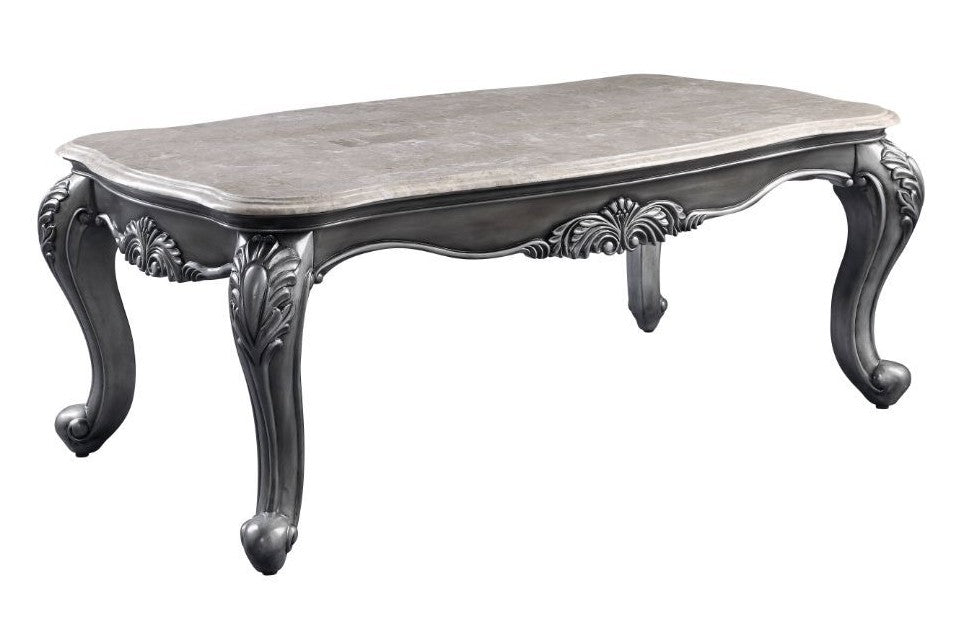 Acme 85345 Astoria grand welton ariadne platinum finish wood marble top coffee table ornate accents