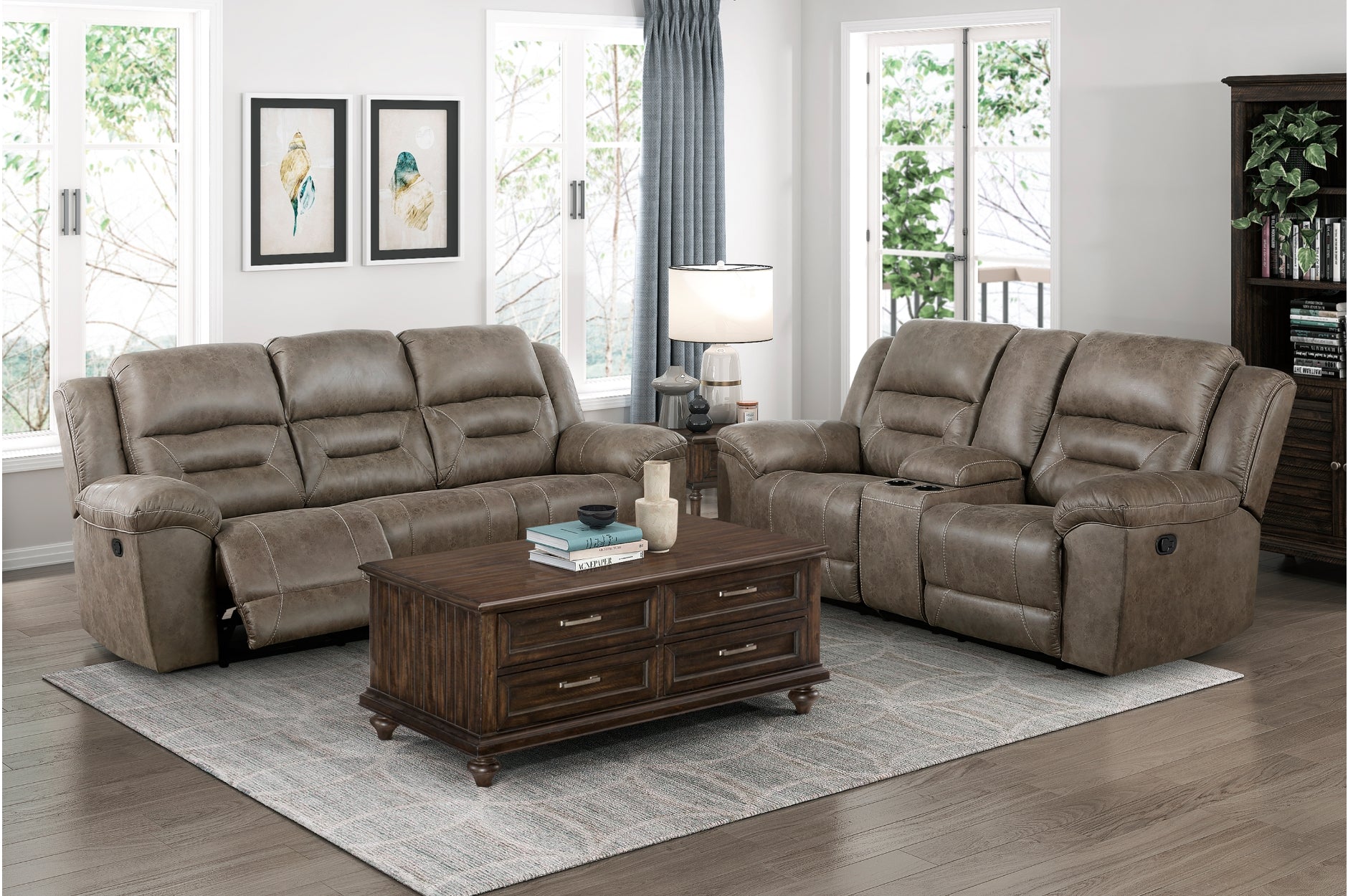 Homelegance 8538BR-SL 2 pc Hazen brown polished microfiber fabric sofa and love seat set with recliner ends cup console