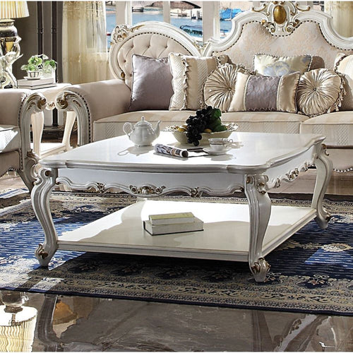 Acme 85460 Rosdork park severine picardy II antique pearl finish wood carved accents square coffee table