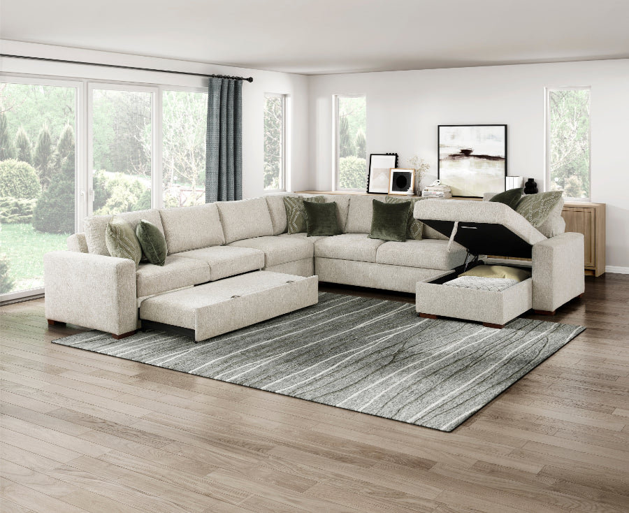 Homelegance 8548-6VC2ACR2ACLACA  5 pc Isla light textured microfiber reversible 140" modular sectional  storage chaise pop up sleep area