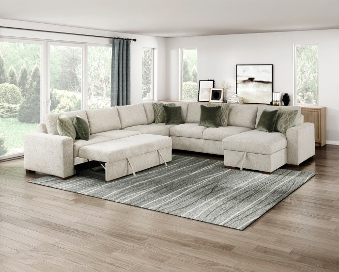 Homelegance 8548-6VC2ACR2ACLACA  5 pc Isla light textured microfiber reversible 140" modular sectional  storage chaise pop up sleep area