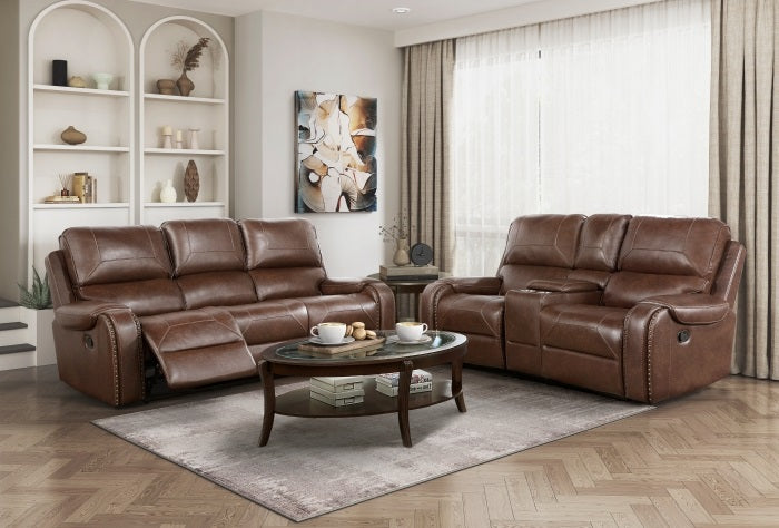 Homelegance 8549BRW-2PC 2 pc Newnan brown faux leather sofa and love seat set recliner ends nail head trim USB plugs