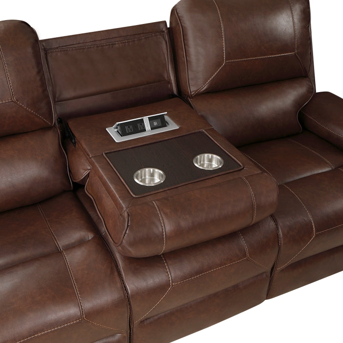 Homelegance 8549BRW-2PC 2 pc Newnan brown faux leather sofa and love seat set recliner ends nail head trim USB plugs