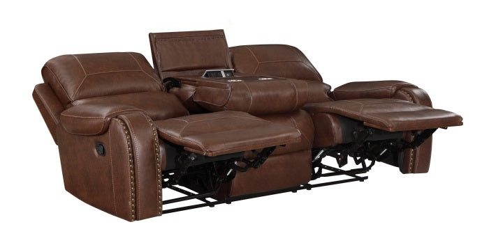 Homelegance 8549BRW-2PC 2 pc Newnan brown faux leather sofa and love seat set recliner ends nail head trim USB plugs
