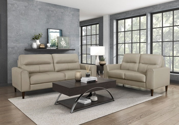 Homelegance 8566LTE-2PC 2 pc Lewes mid century modern taupe brown genuine leather match sofa and love seat set