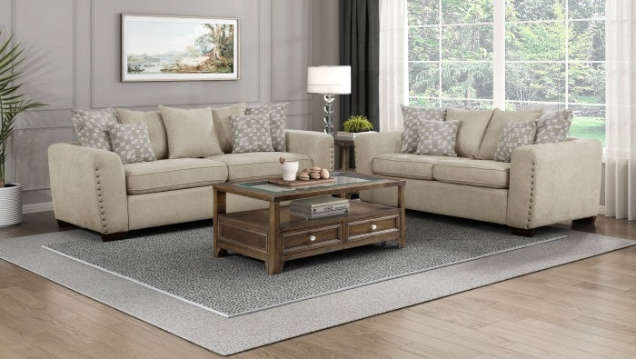 Homelegance 8579-SL 2 pc Silverthorne light brown chenille fabric sofa and love seat set with nail head trim accents