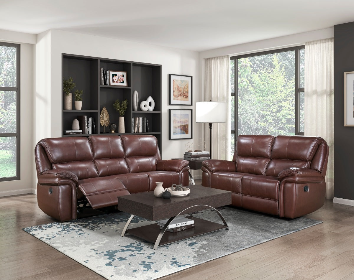 Homelegance 8588BR-2PC 2 pc Putnam brown top grain leather match motion sofa and love seat set recliner ends