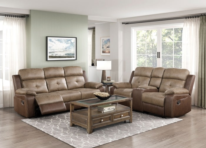 Homelegance 8599BR-2PC 2 pc Glendale two tone polished microfiber sofa and love seat with recliner ends cup console