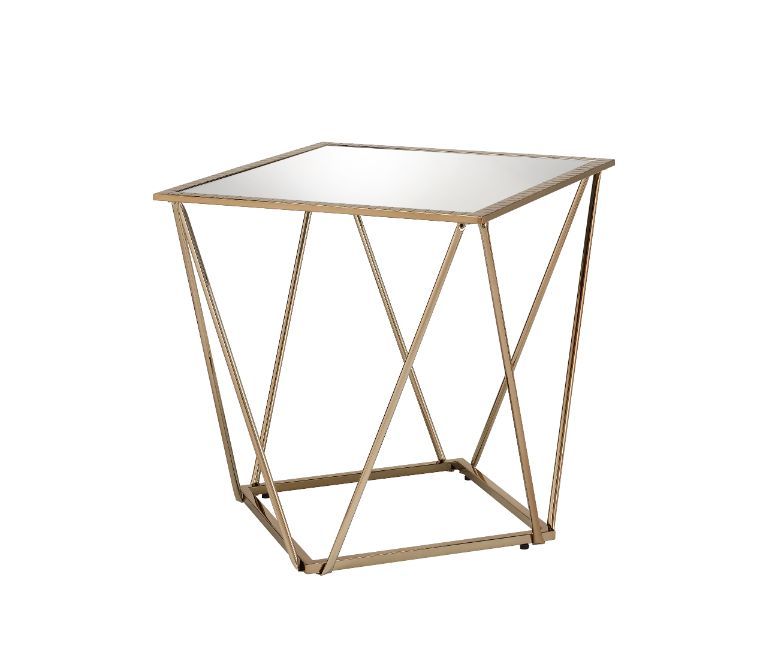 Acme 86057 Everly quinn Fogya champagne finish metal angular look frame square mirrored end table
