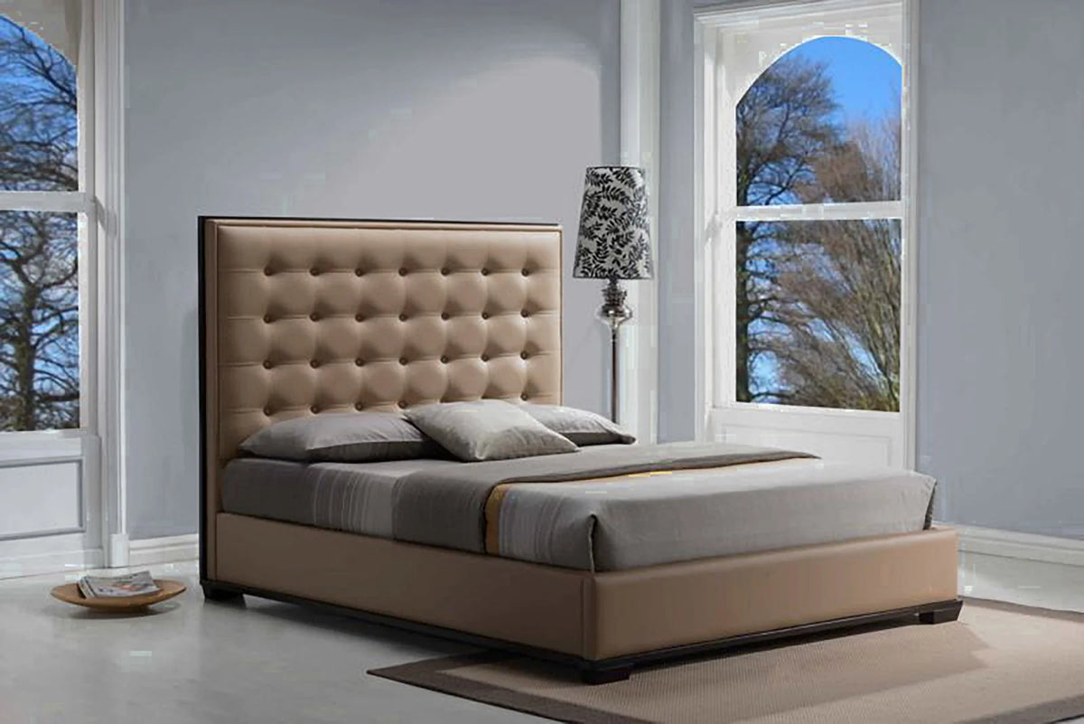 Brown Faux Leather Tufted Padded Cal King Platform Bed Low Rise – 8611-PB