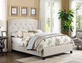 8614-Q Florence beige linen fabric padded and tufted bronze nail head trim queen bed