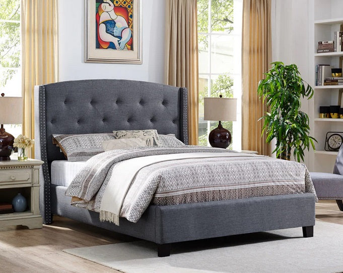 8615-Q Florence grey linen fabric padded and tufted bronze nail head trim queen bed