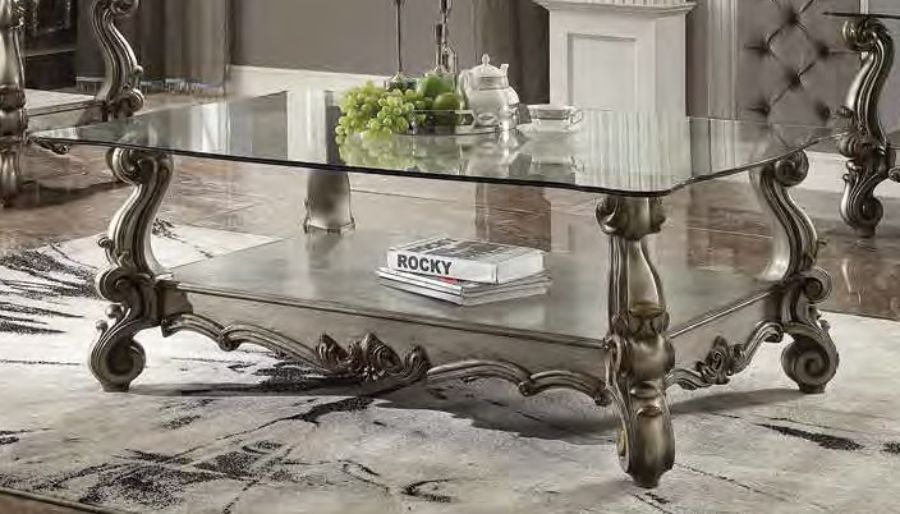 Acme 86840 Astoria grand welton versailles antique platinum finish wood carved accents glass top coffee table