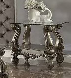 Acme 86842 Astorai grand welton versailles antique platinum finish wood carved accents glass top chair side end table