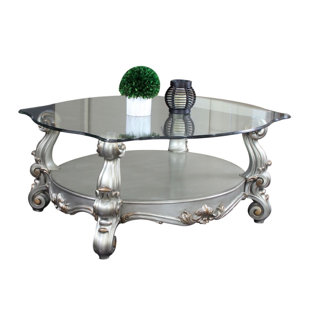 Acme 86845 Astoria grand welton versailles antique platinum finish wood carved accents glass top coffee table